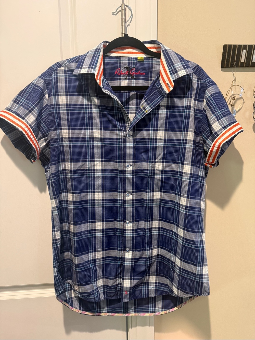 Robert Graham Navy and White Plaid Short-Sleeve Button Shirt with Orange Trim